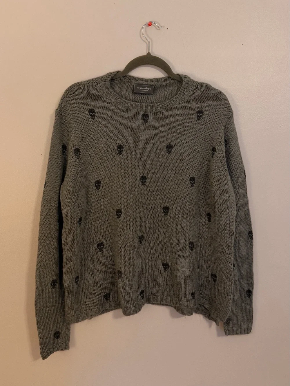 Wooden Ships Skull Printed Crew Knit Sweater Gray S/M